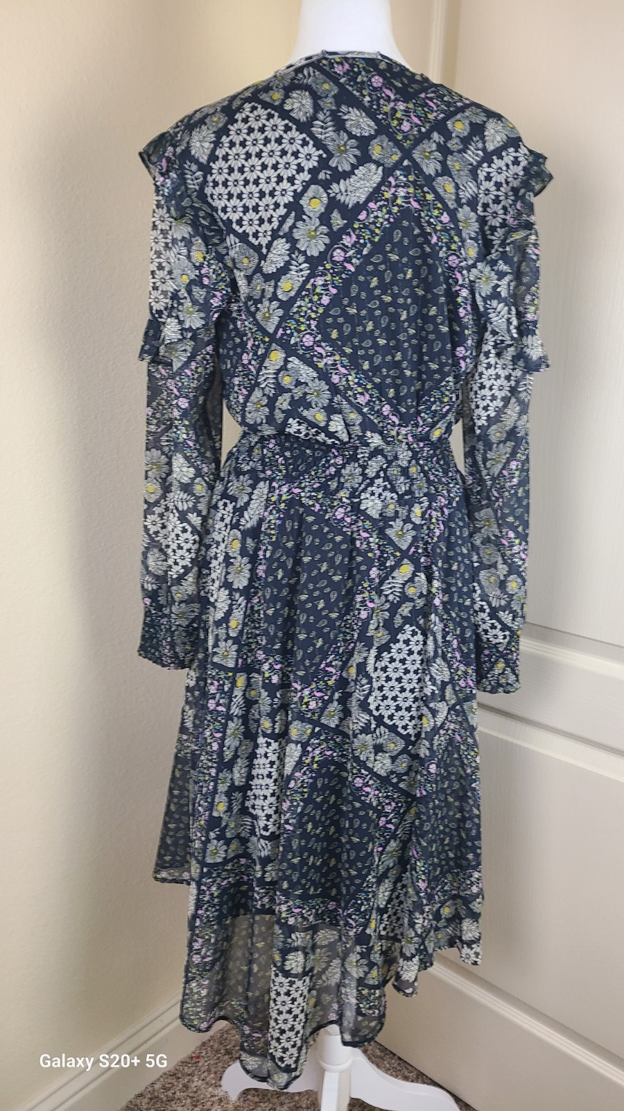 Sam Edelman Ruffle Handkerchief Midi Dress Mixed Patchwork Smoked Waist Size 10