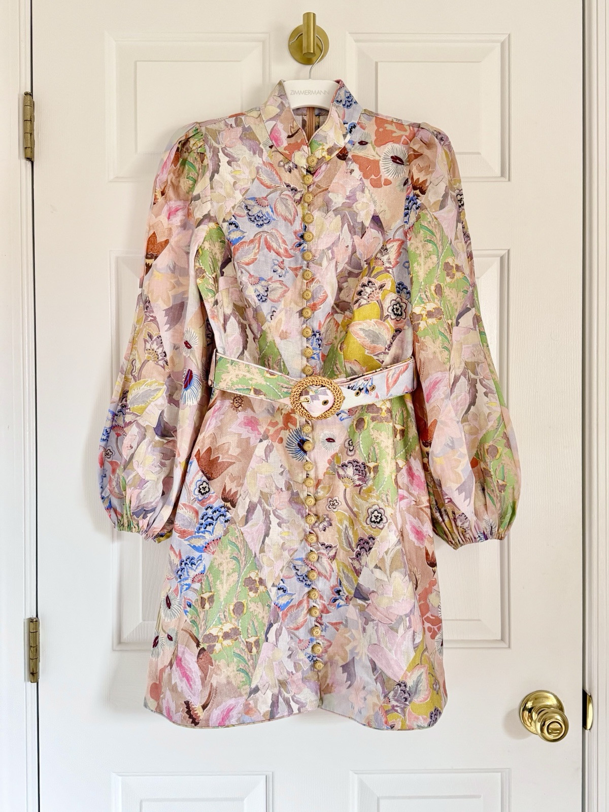 NWOT $950 Zimmermann Illustration Buttoned Belted Floral Linen Mini Dress AU3 L