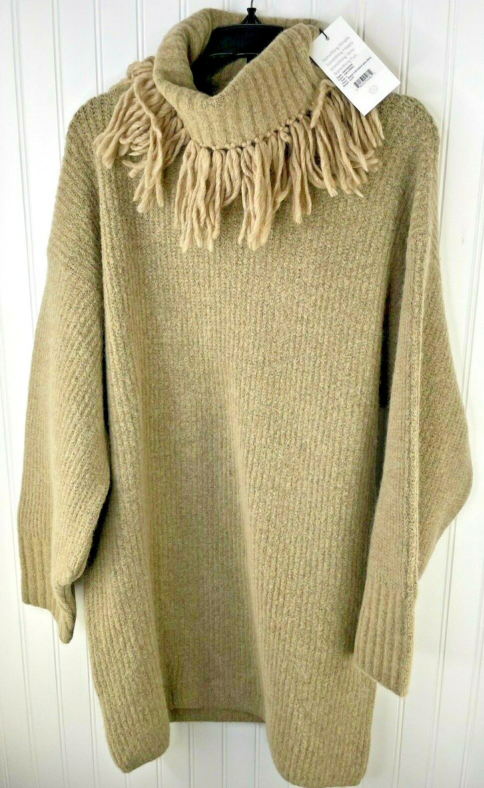 NWT Something Navy Fringe Turtleneck Mini Sweater Dress Camel WOOL L NEW $175
