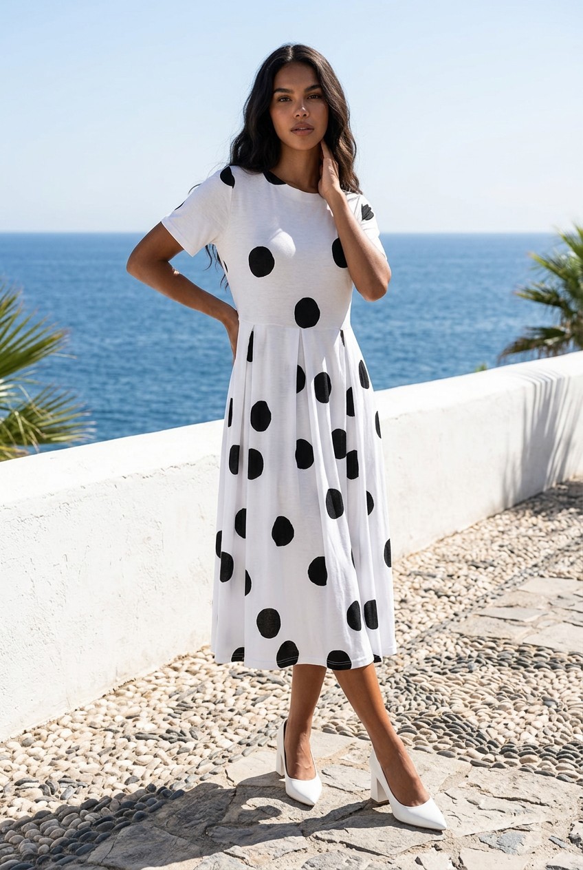 Women’s Polka Dot Print Dress White And Black Sz Small Long Dress