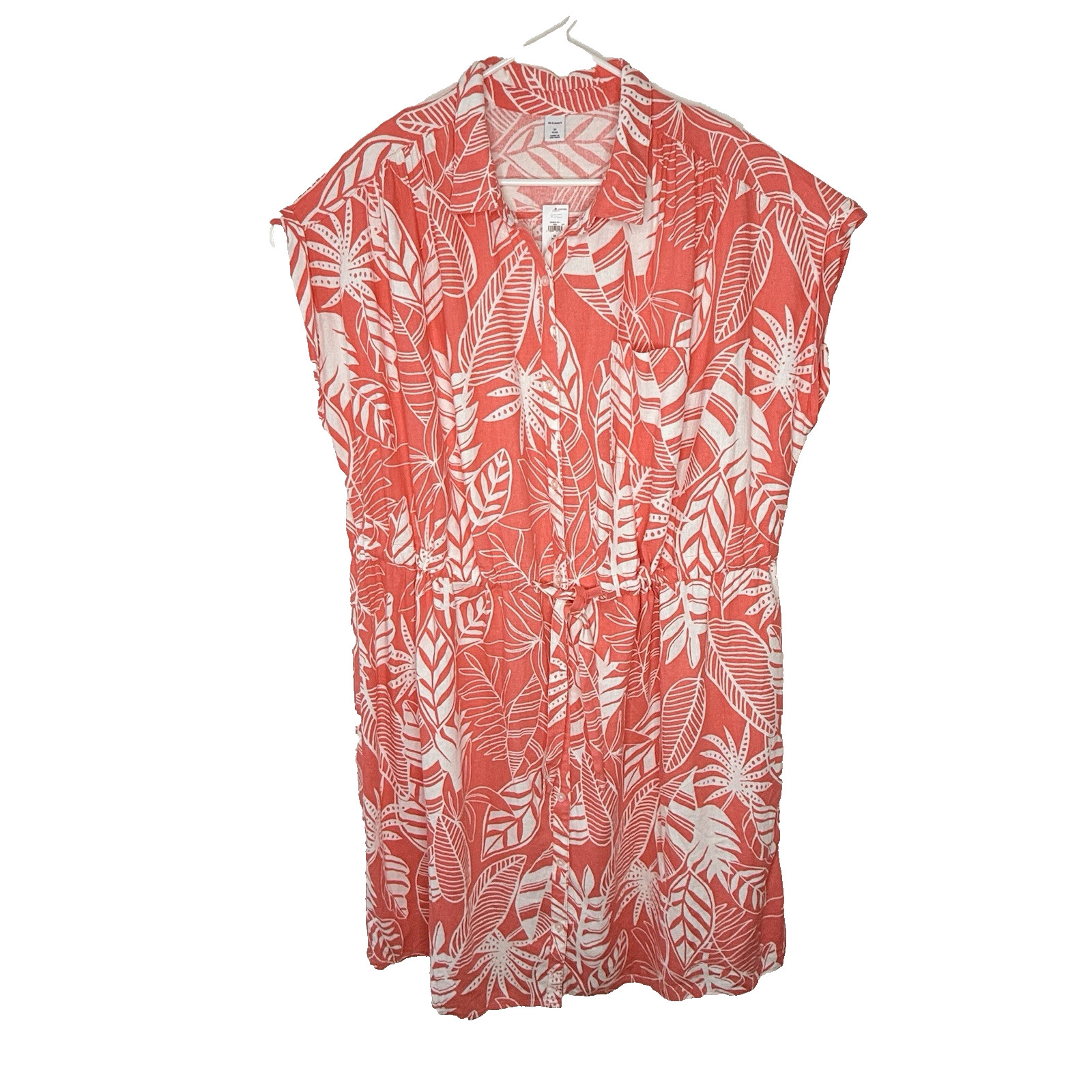 Women’s Shirt Dress 3X Linen Rayon Coral and White Leaf Print Tie Waist Old Navy