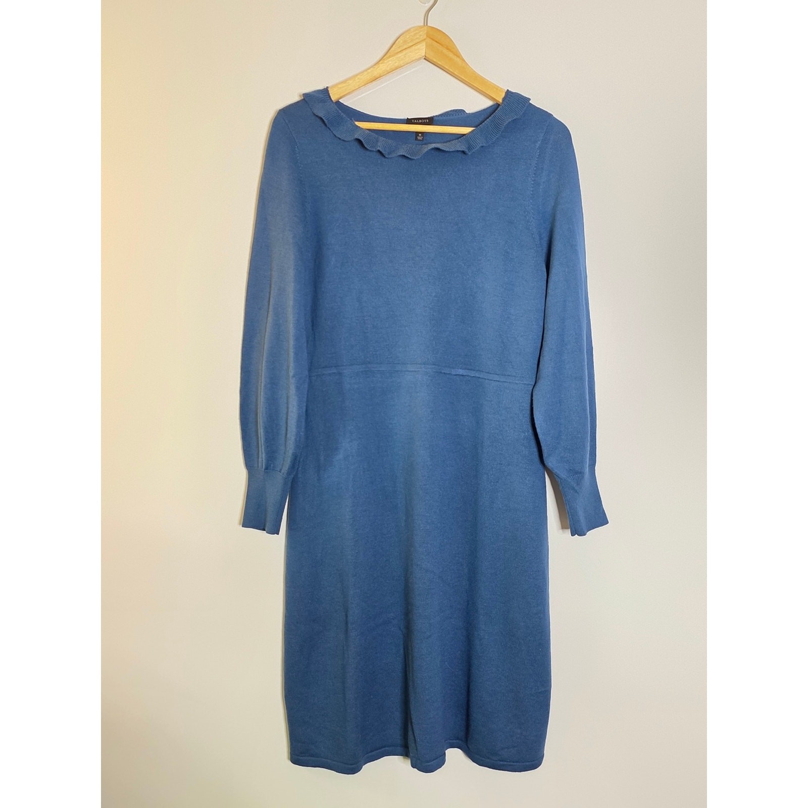 Talbots Teal Blue 100% Merino Wool Ruffle Neck Merino Wool Crew Sweater Dress