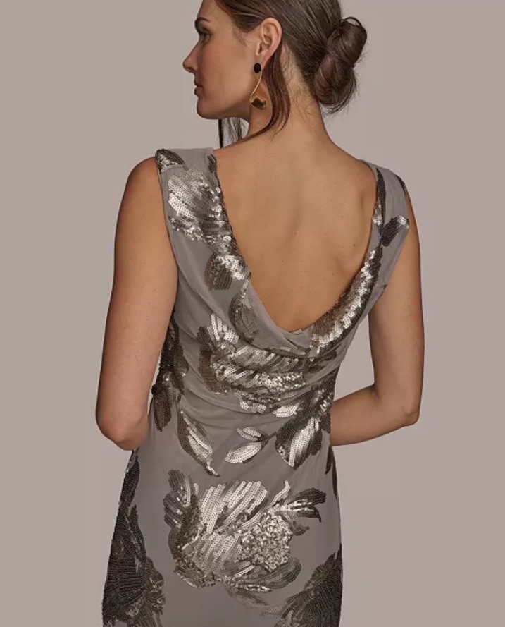 Donna Karan Cowl Back Sequinned Mesh Gown, Beige/dark Clay,Sz 6,New No Tag