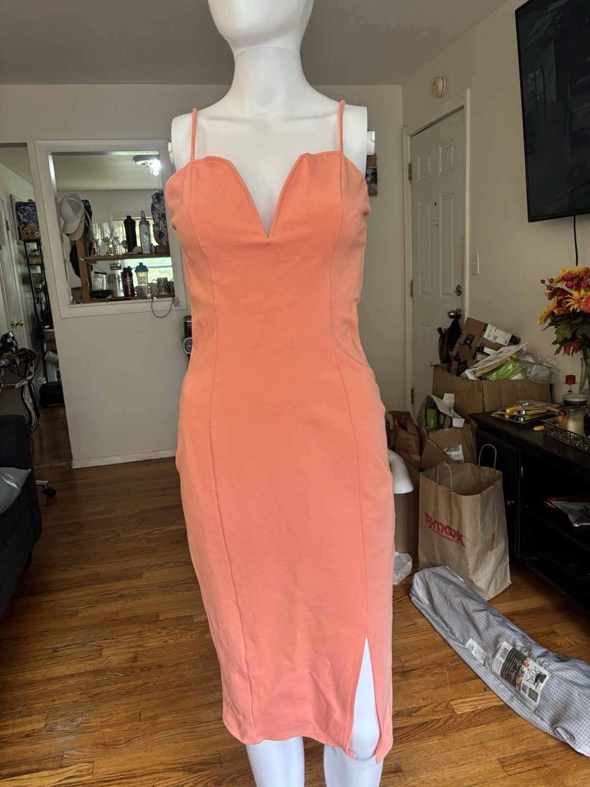 Charlotte Russe Orange Knit Bodycon V-Neck Strappy Midi Slit Zip M stretch