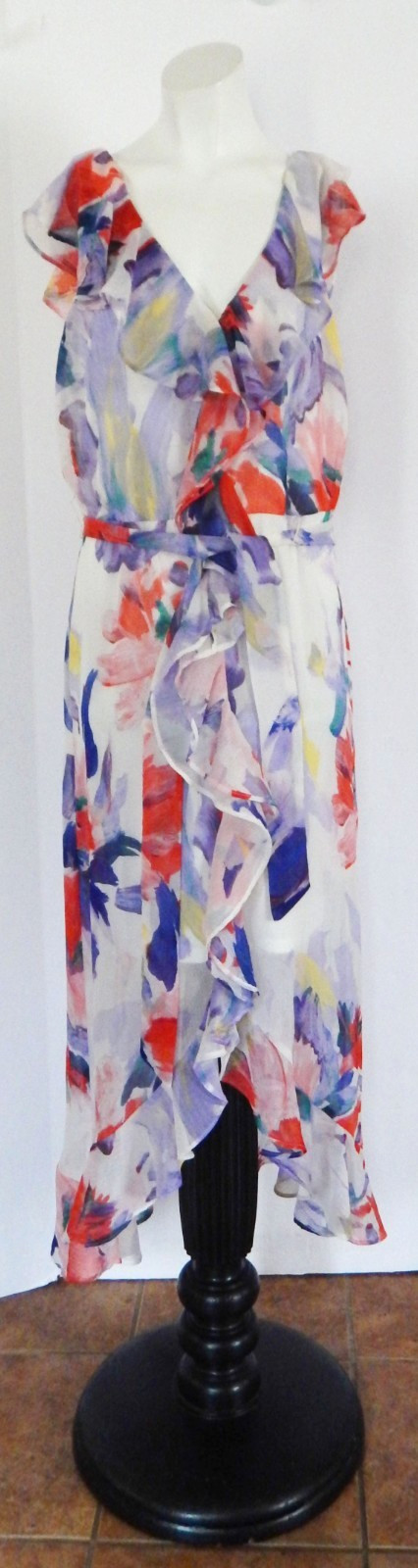 Harper Rose Watercolor Floral Ruffle V-Neck Lined Below Knee Dress Size 4