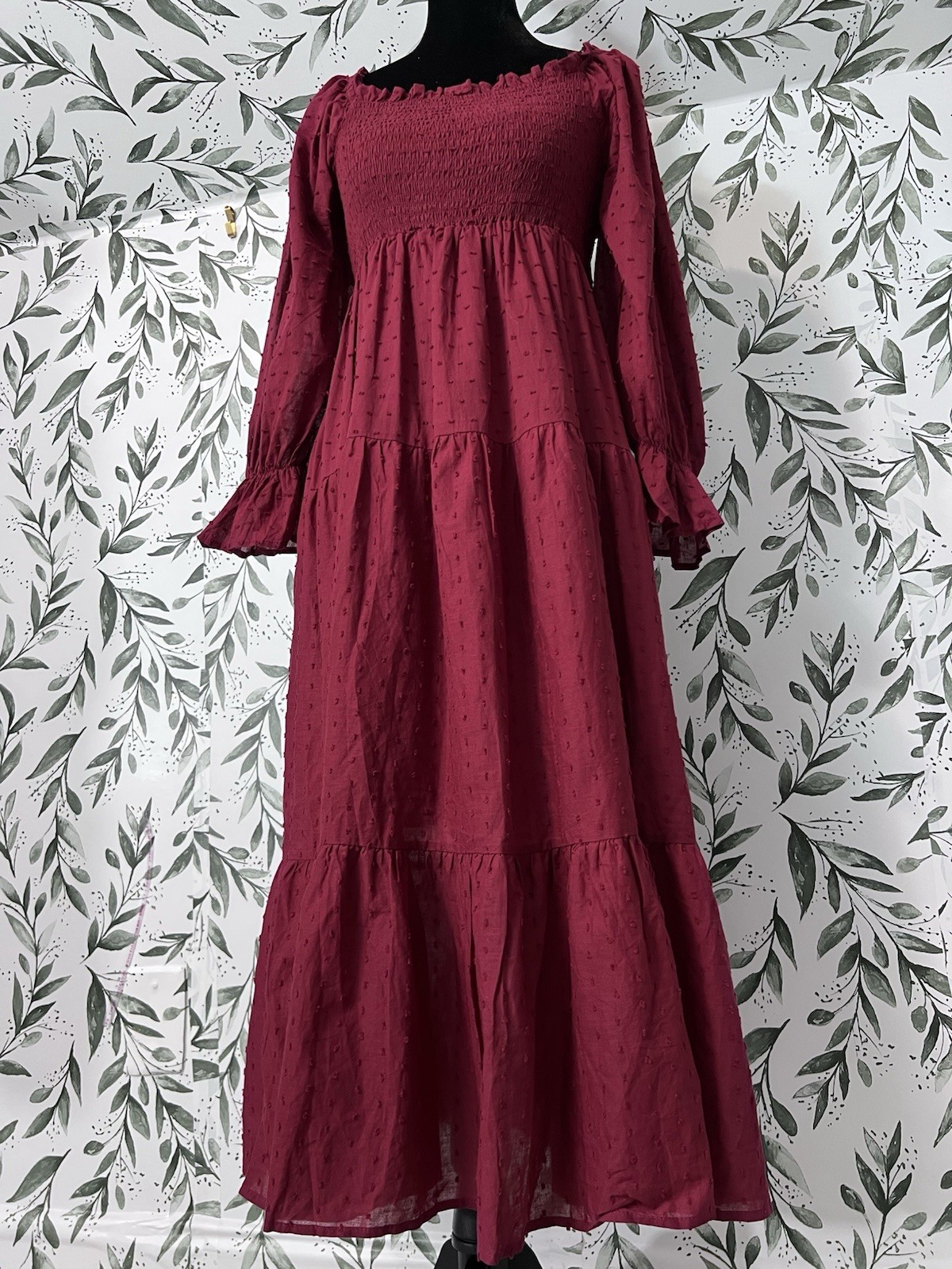 R. Vivimos Plaid Puff Sleeves Bow Boho Midi Dress Sz M Burgundy Vacation Casual