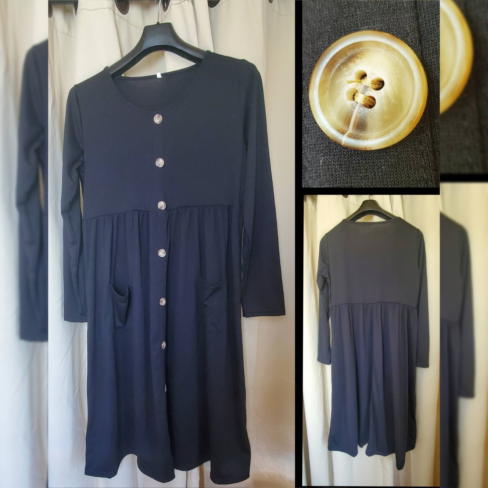 XXL Long Sleeve Pullover Black Dress W/ POCKETS NEW Buttons For Fashion Only