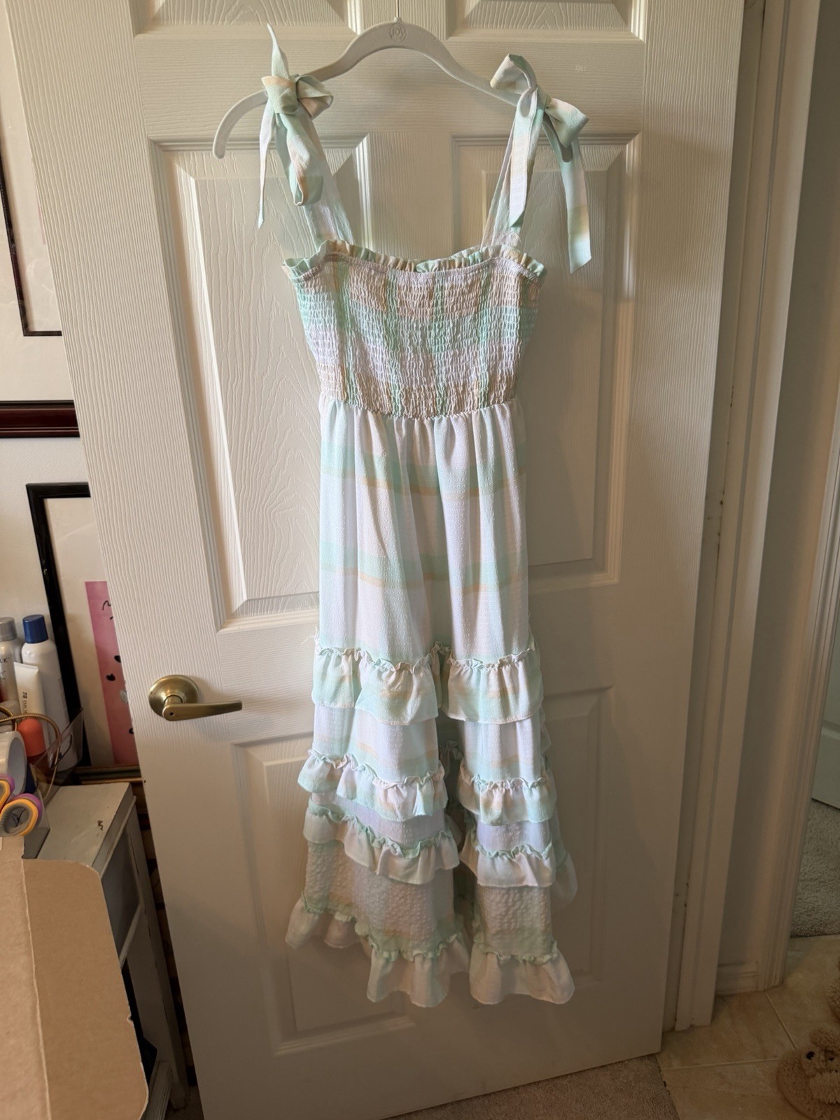 MON RIVR White Light Blue Striped Square Neck Smocked Ruffle Midi Dress S