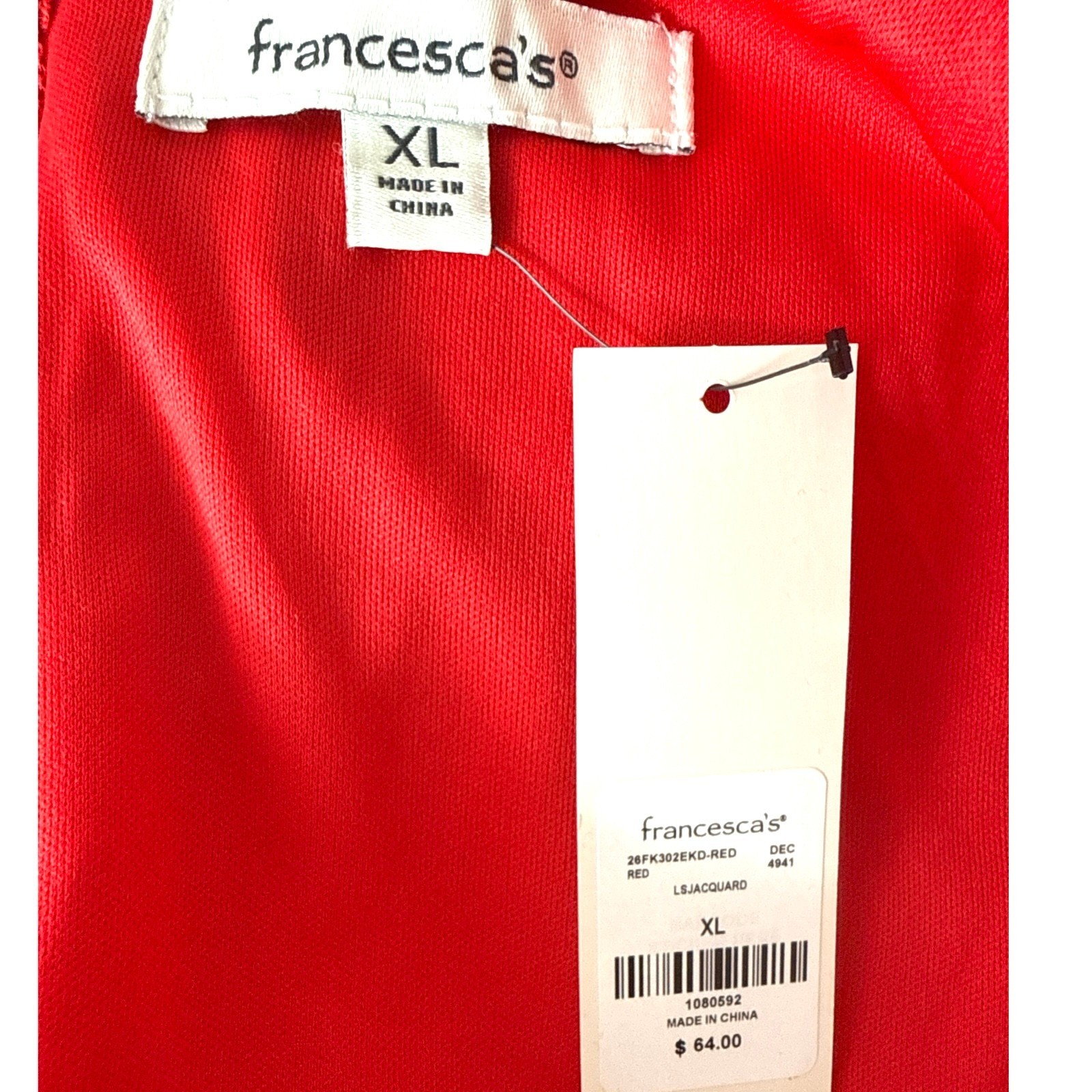 Francesca’s Red Jacquard Dress Size XL Long Sleeve Sweetheart Neck Ruffle Hem