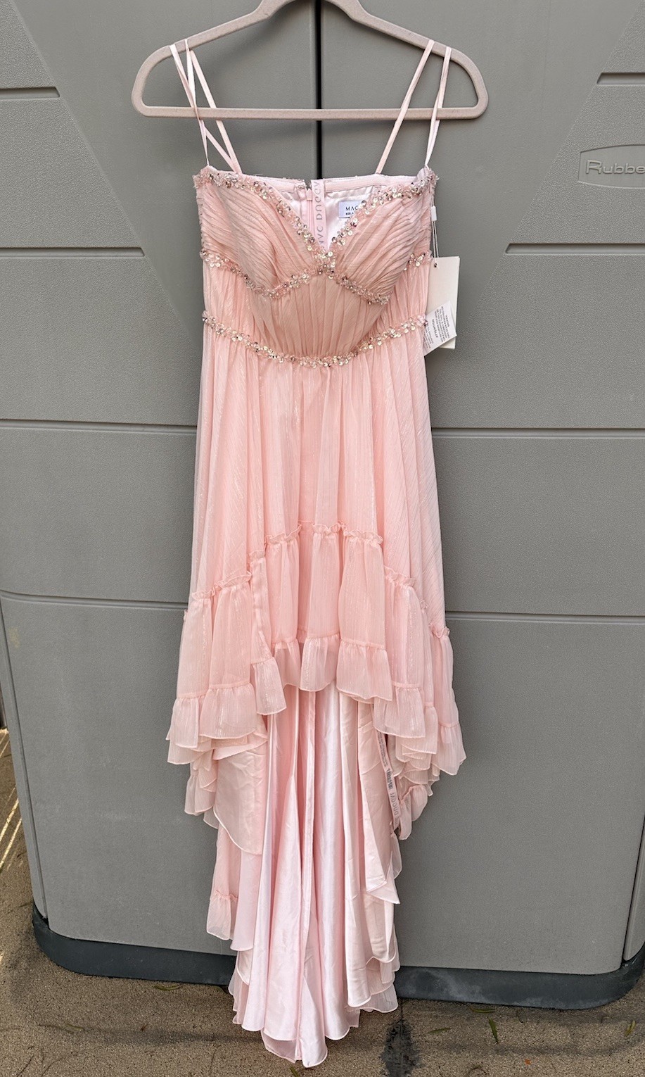 Mac Duggal Strapless Beaded Ruffle High Low Prom Gown in Ice Pink Sz 6 Princess
