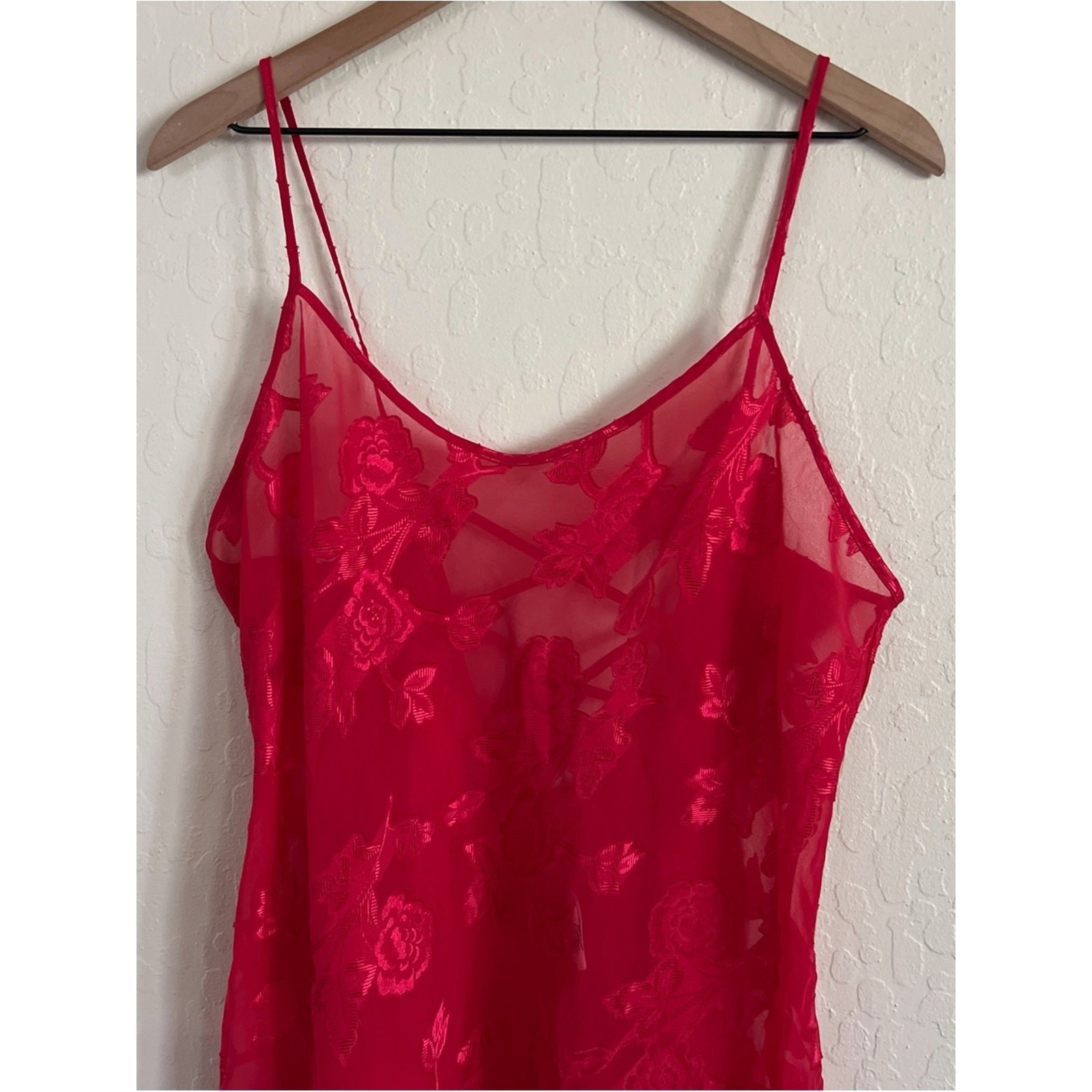 Vintage Y2K Secret Treasures Sheer Floral Mini Slip Dress Large Red Chemise 90s