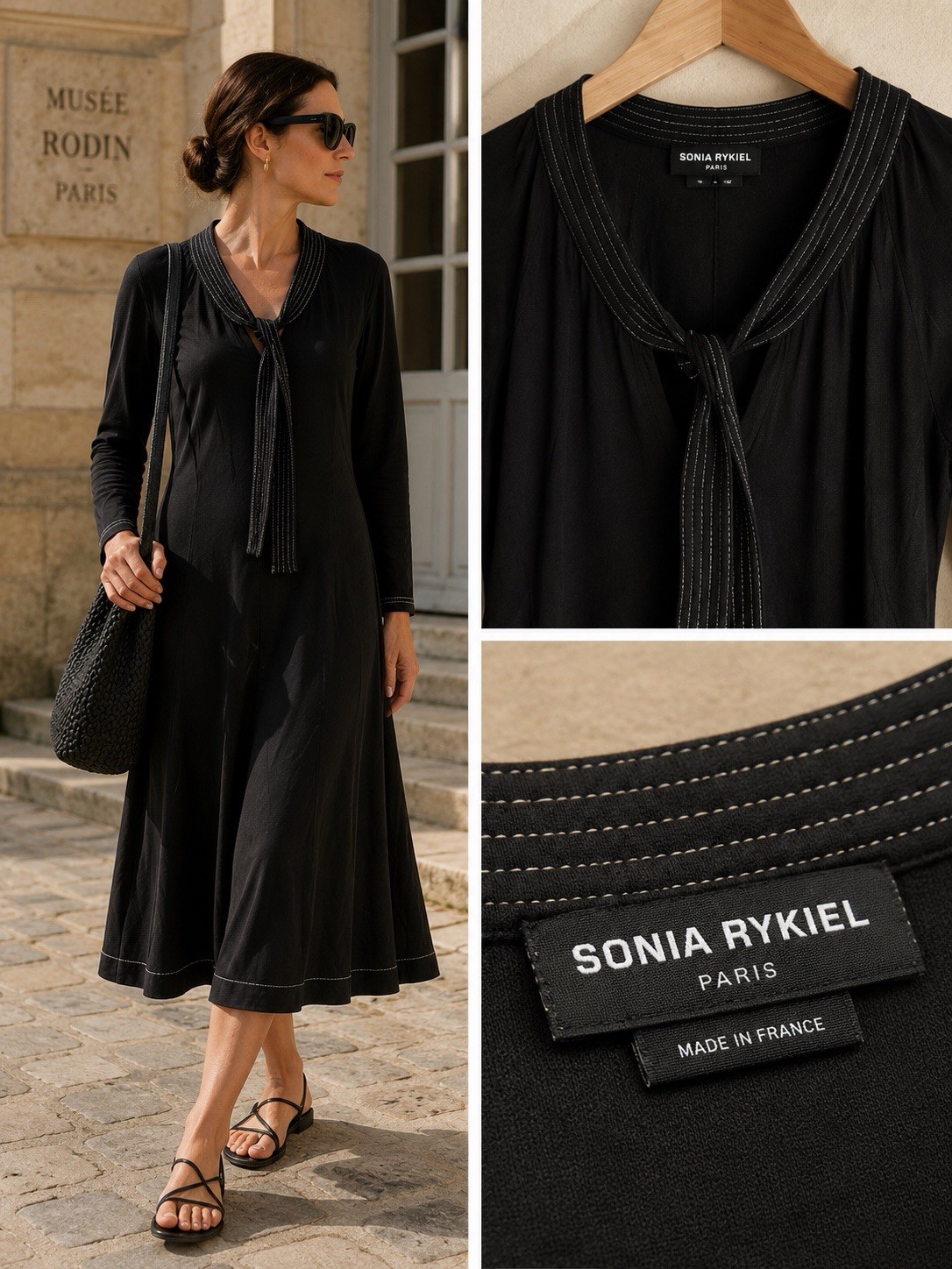 Vintage Sonia Rykiel Mainline Knit Midi Tie Neck Dress XS Black Paris
