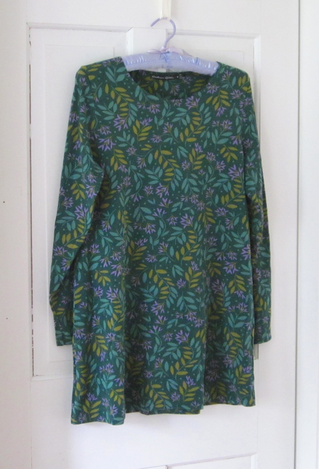 Gudrun Sjoden Leaf Tunic Dress Greens Lavender Organic Cotton Size M Lagenlook