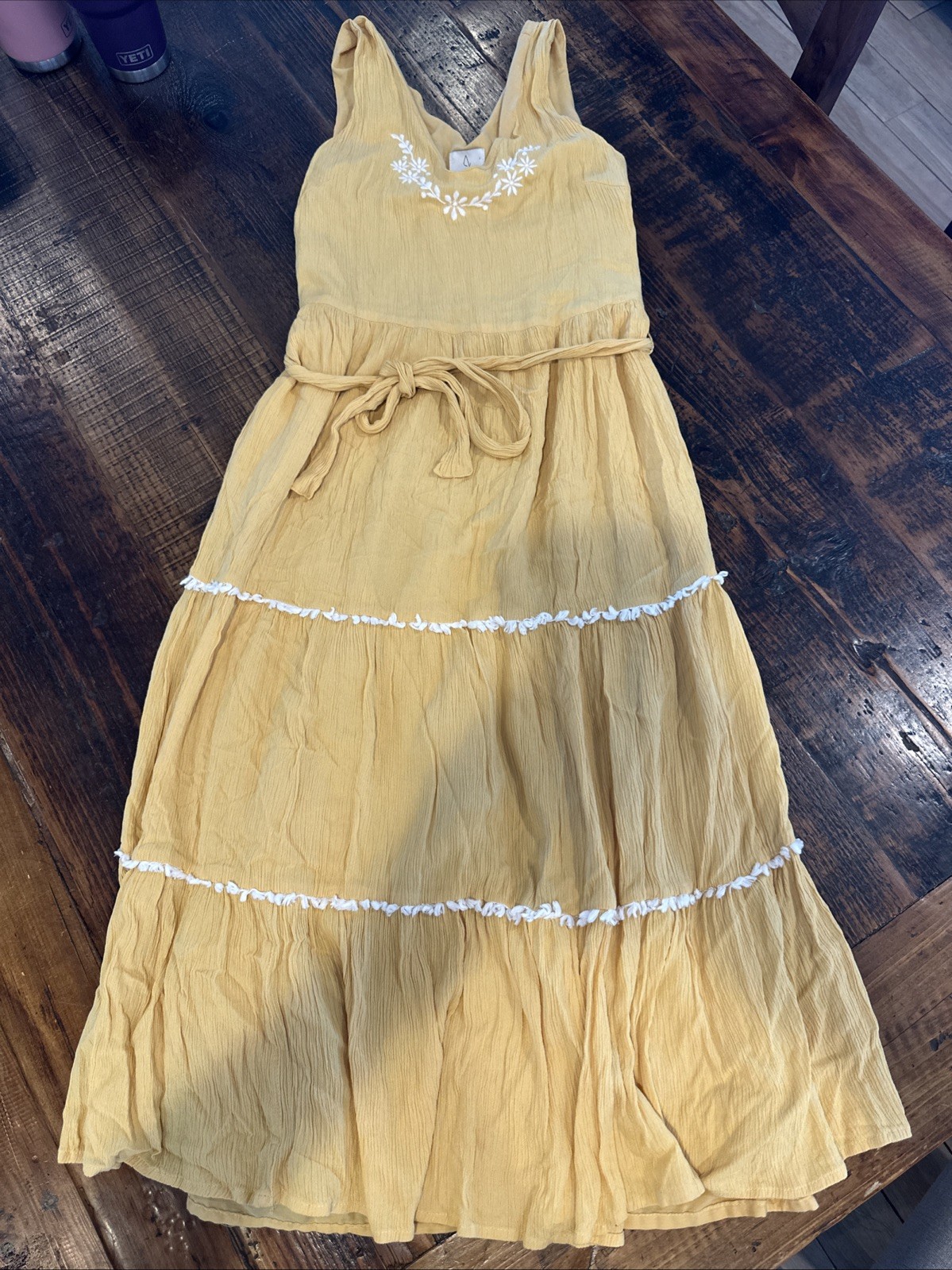 Joie Embroidered Ruffle Feminine Yellow Tiered Cottage Maxi Dress ~ sz 4