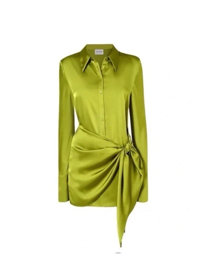 Rat & Boa Green Solid Shirt Dress Long Sleeve Short Satin Button Tie Accent S