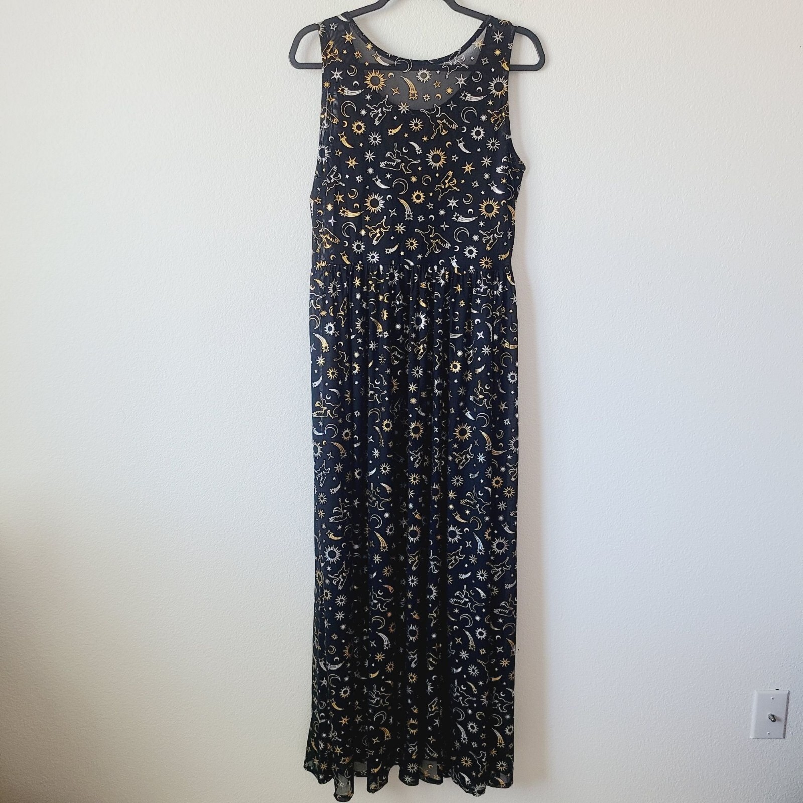 Cosmic Aura Astrology Celestial Stars Moon Foil Mesh Maxi Dress Plus Size 4X Bla