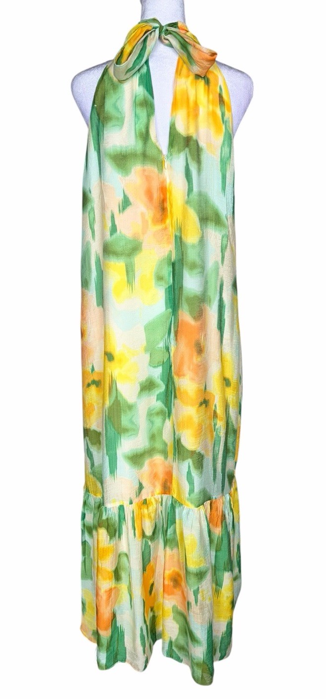 1. STATE Green Yellow Orange White Floral Halter Maxi Dress Ruffle Hem Size L