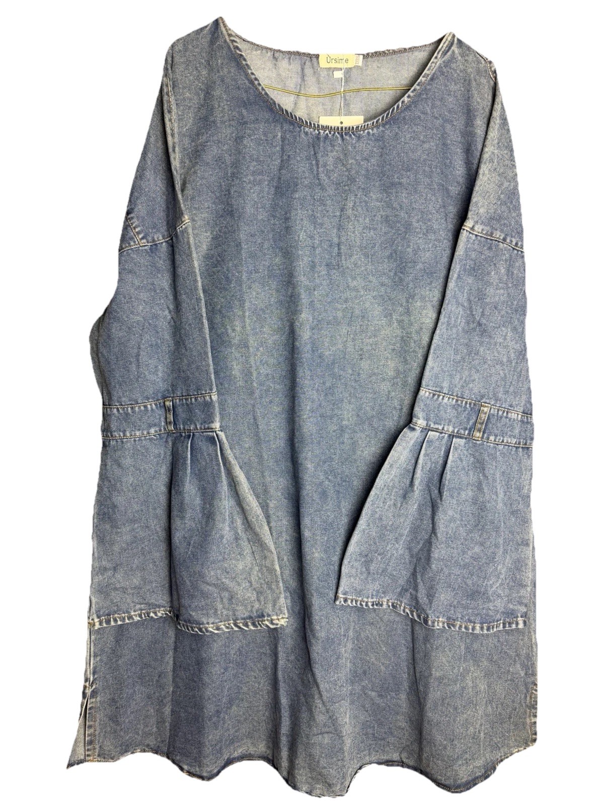 Ursime Denim 4XL Indigo Blue Bell Sleeve Retro Tunic Chambray Acid Wash Dress