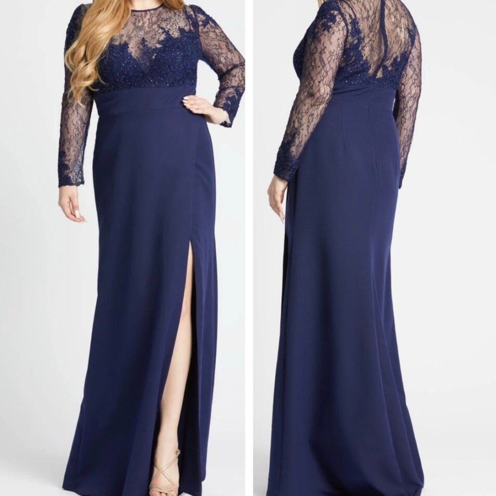 Plus Size Navy Blue Long Sleeves Beaded Lace Slit Formal Mother of Bride Dresses