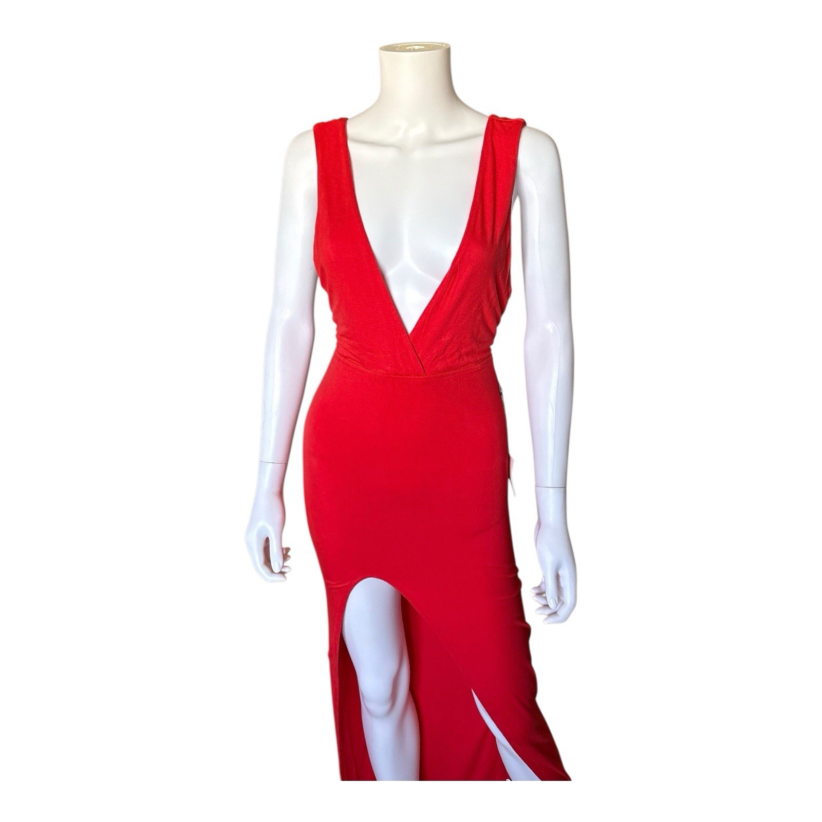 Superdown Erika Deep V Jersey Maxi Dress XS Red Backless High Slit Stretch NWT