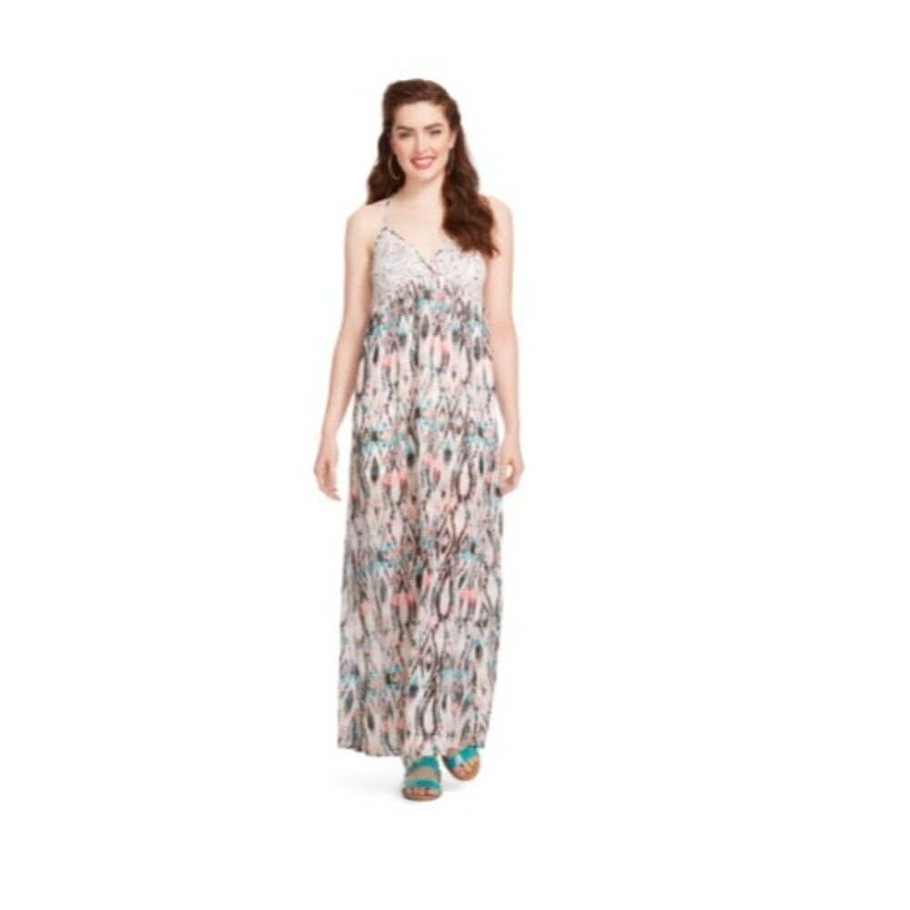 Belle Du Jour Juniors’ Multi-Color Printed Crochet-Trim Maxi Dress NWT Medium
