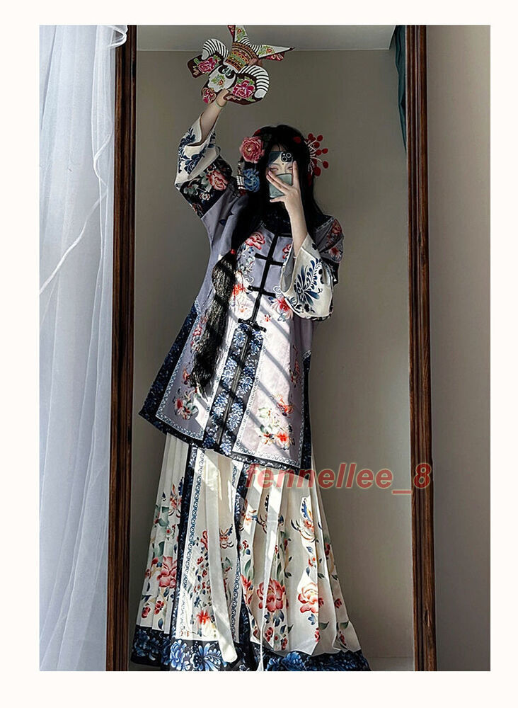 Qing Dynasty Womens Retro Chinese Costumes Dress Printed Hanfu Dress New