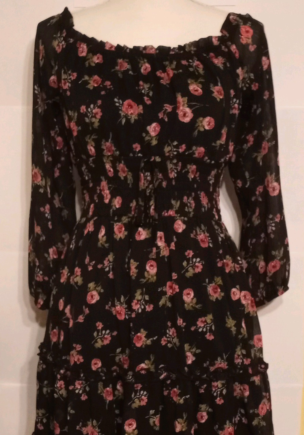 Trixxi Women’s Black Pink Floral Square Neck Long Sleeve A-Line Dress, S