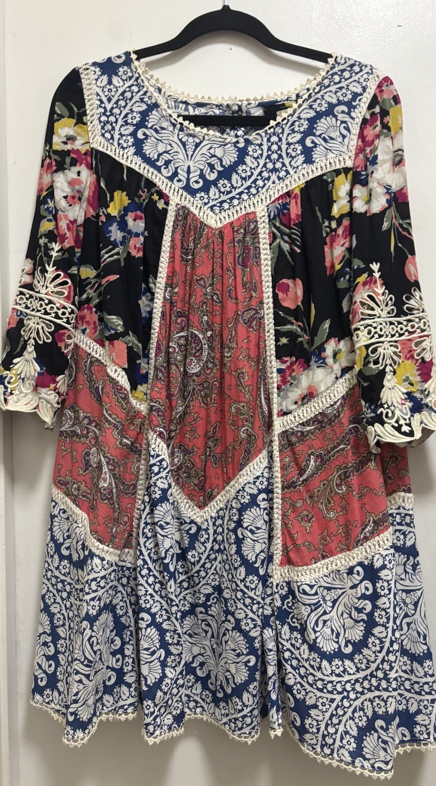 Vanessa Virginia Multi Floral Patchwork Lace Embroidered Trim Bohemian Dress 8P