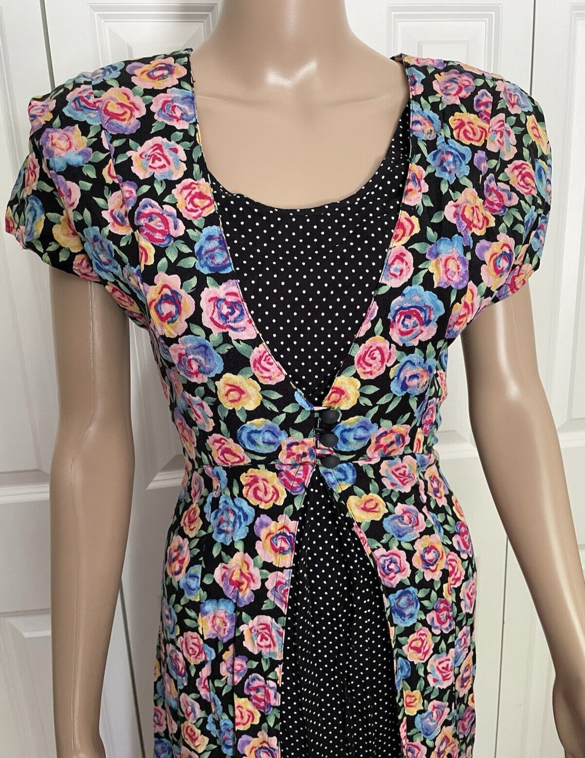 Vtg Madison Wells Juniors 11/12 Black Multi Floral Polka Dot Back Tie Midi Dress