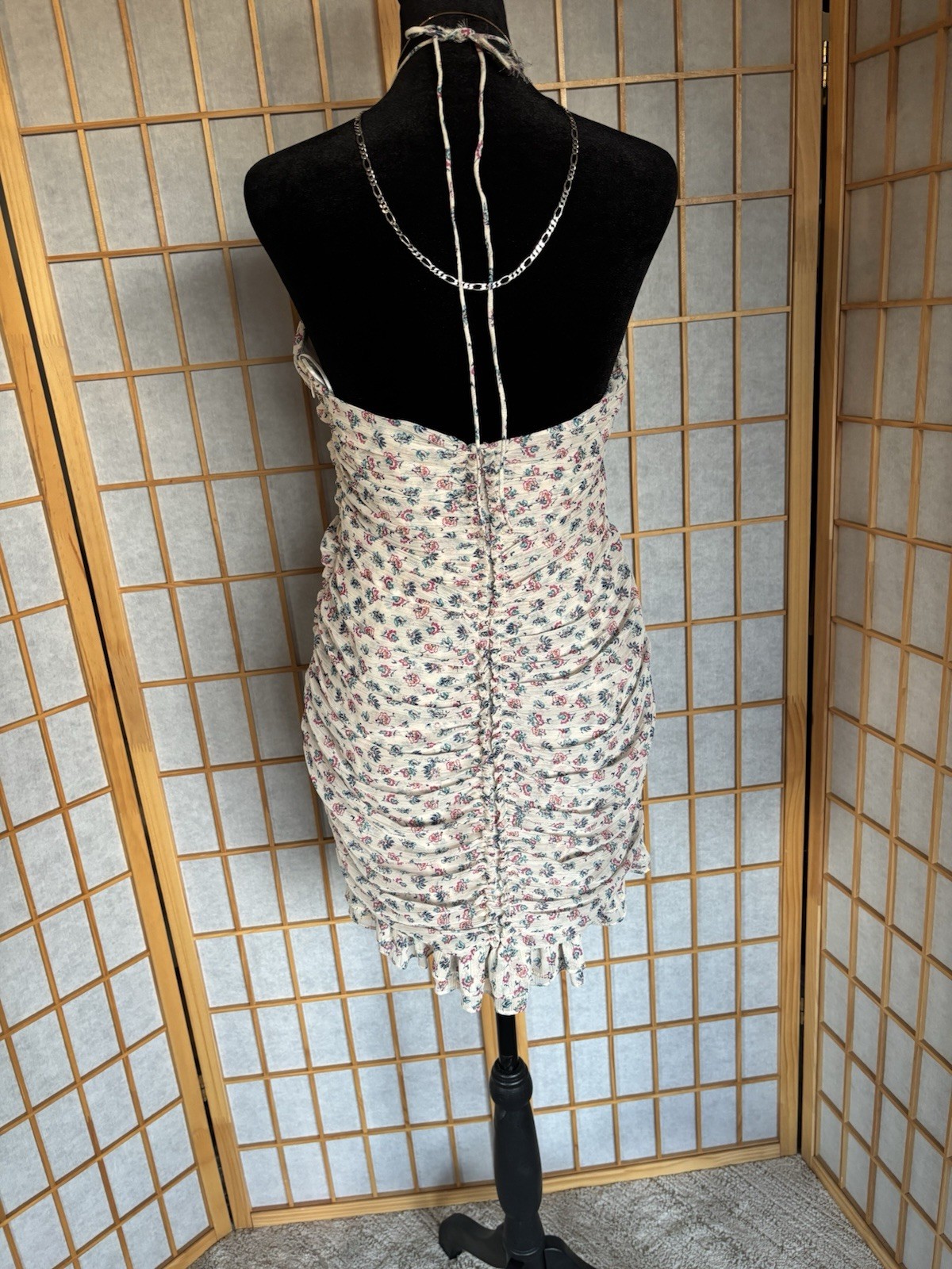 Ivory Pink Blue Floral Ruched Ruffle Mini Dress Halter Tie Strappy Sleeveless