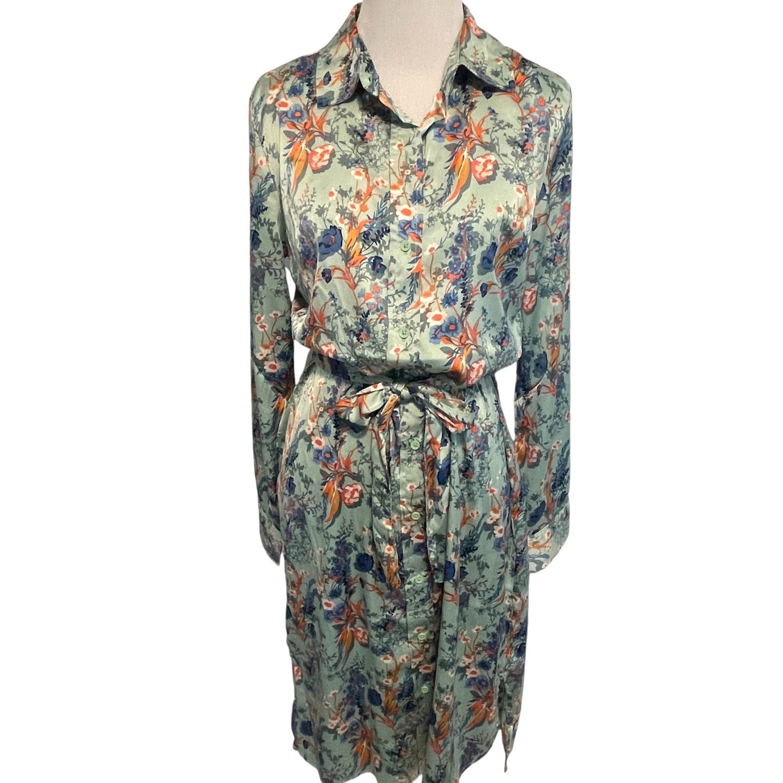 Ophelia Roe Mint Floral Belted Midi Shirt Dress Womens Size Small Shirtdress