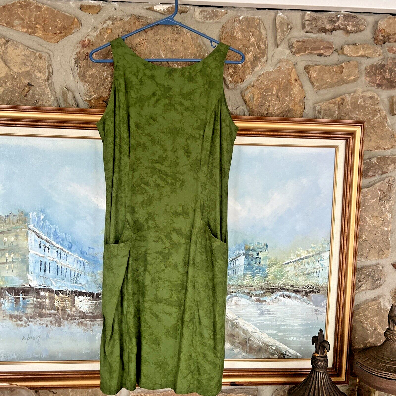 Zion Shift Dress Tone-On-Tone Green Large Front Pockets Sz S Small Excellent 4 6