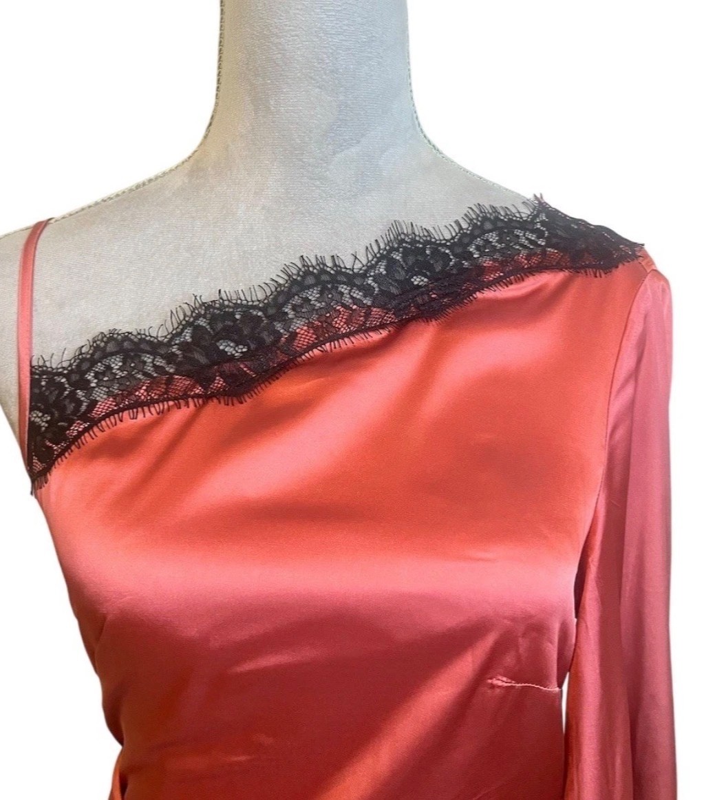 Silky Satin Asymmetrical Pink Dress M One Shoulder Midi Lace Trim Cocktail Party