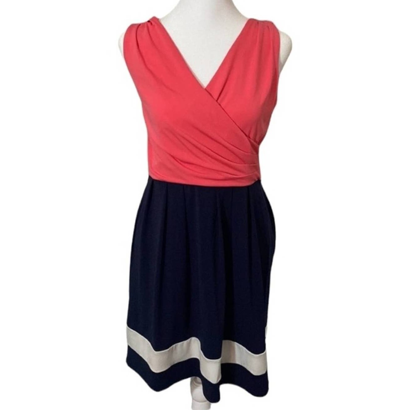 Loft Sleeveless Coral Striped Fit and Flare Dress, XS Petite