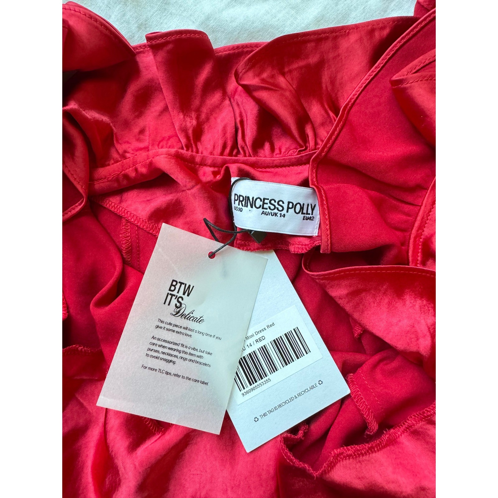 Princess Polly Butacup Frill Mini Dress Red Satin Ruffle V-Neck US 10 NWT