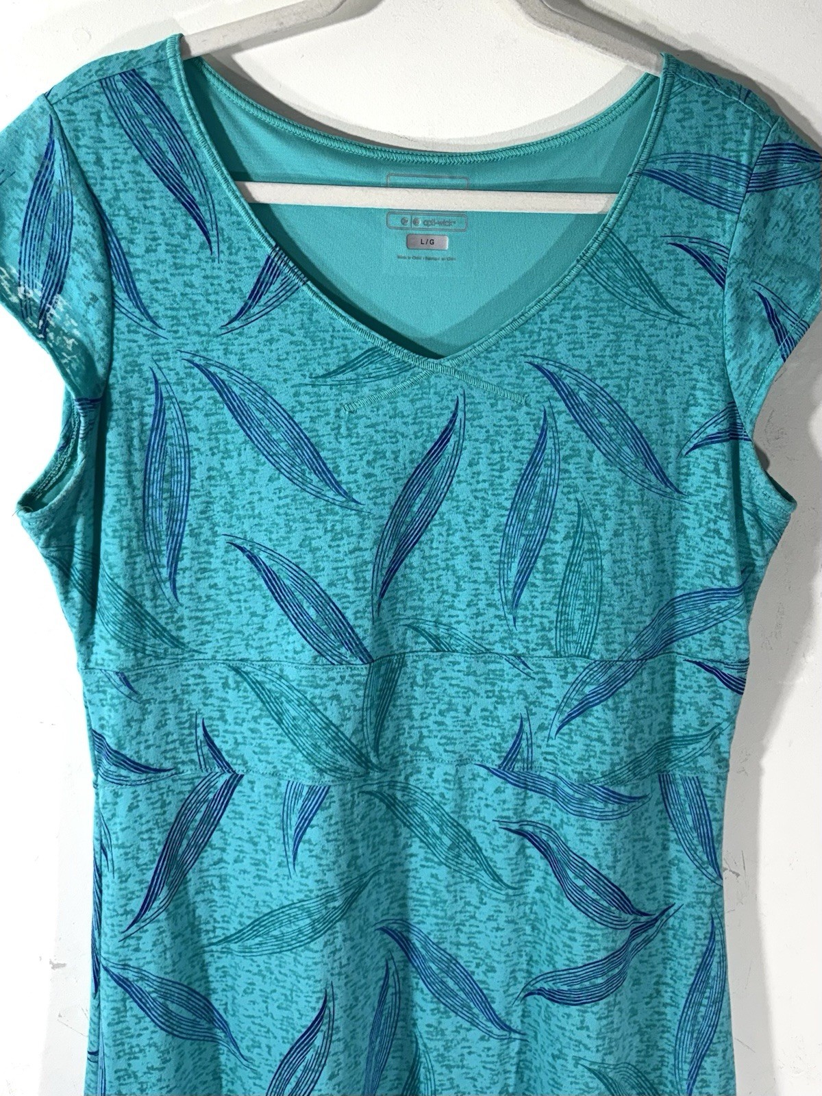 Merrell Teal Blue Leaf Print Opti-Wick Cap Sleeve V-Neck Dress Sz Large Hiking