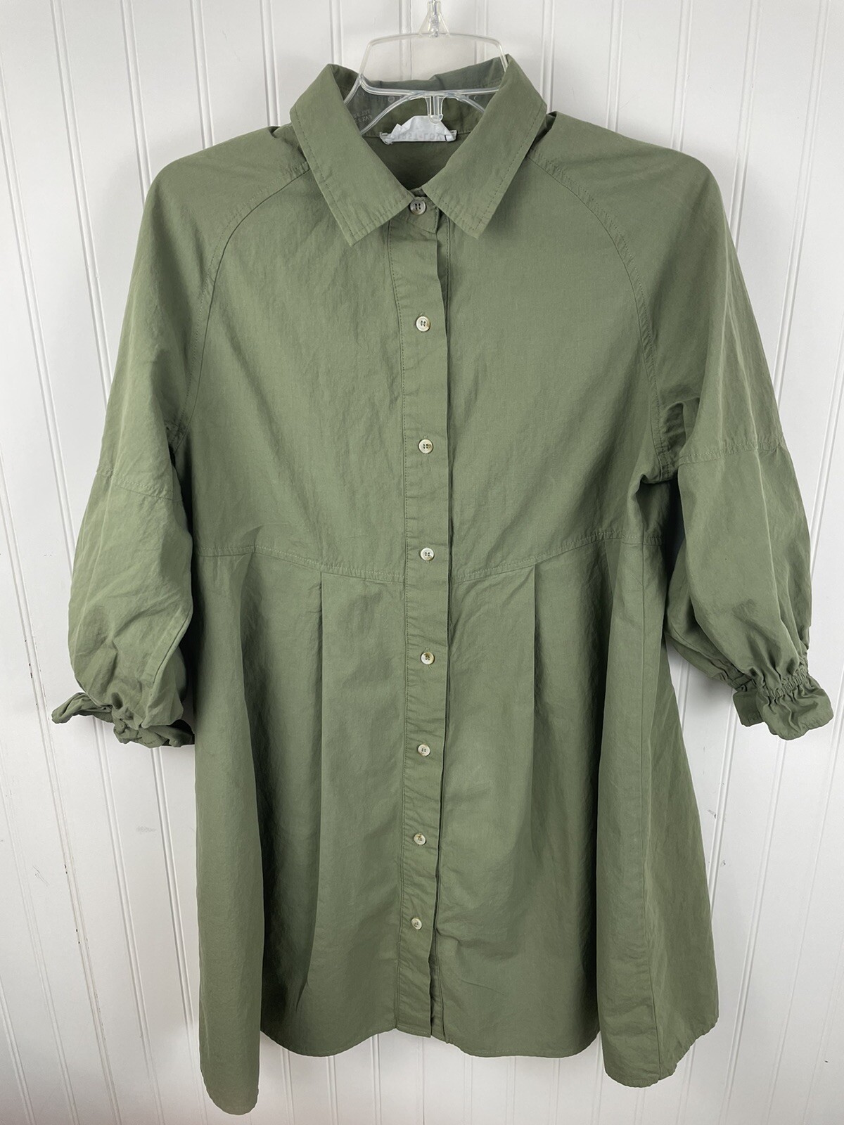 First Love By Lovelyn Women’s Cotton Green Shirt Dress 3/4 Sleeve Size Small