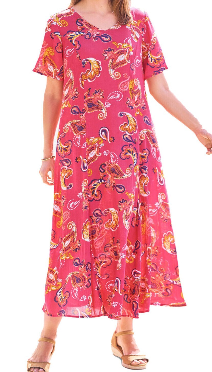Woman Within dress plus size 36 38 pink paisley crinkle A line short sleeves