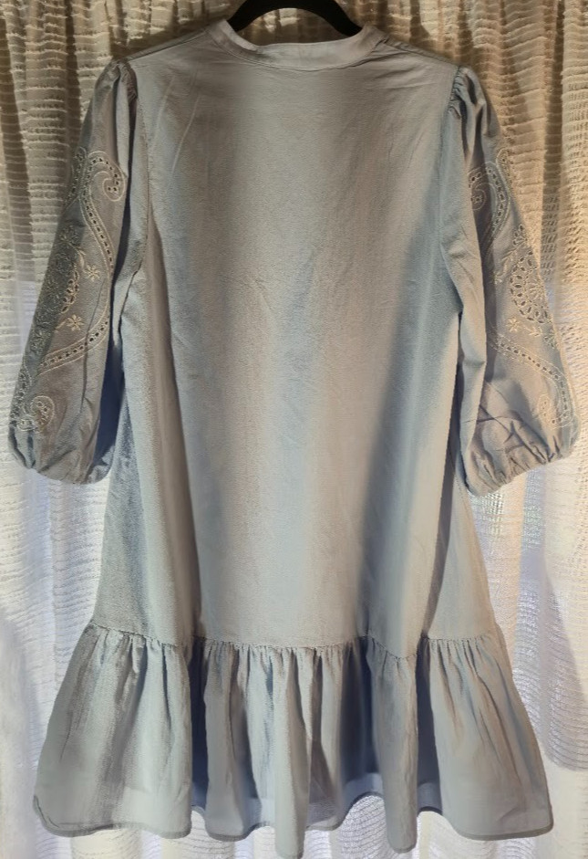 Basement Cottagecore Boho Peasant Dress Blue Button Front Ruffle Hem Mini Sz MED