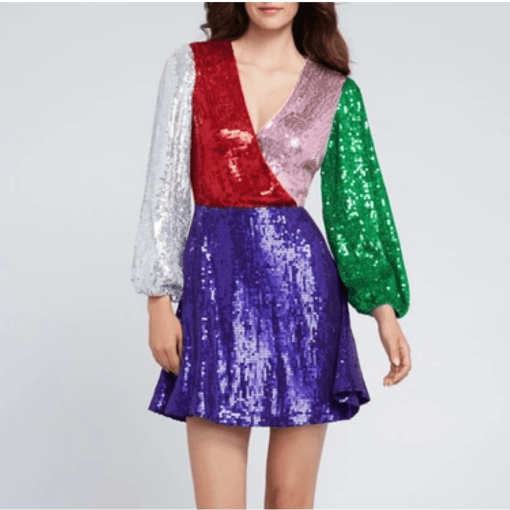 Alice + Olivia Blaze Multicolor Sequin Blouson Sleeve Mini Dress Size 2