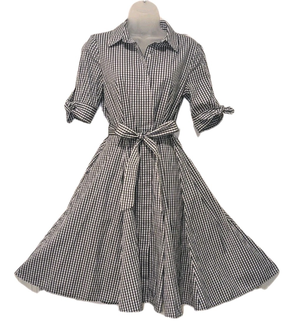 Calvin Klein Cotton Gingham Dress Sz 6 Navy & White Full Skirt Retro Look