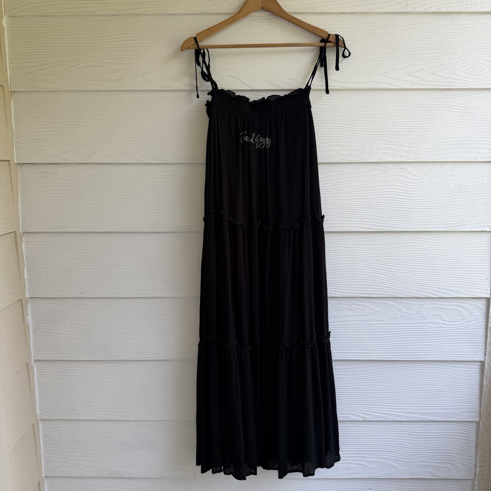 Jaded Gypsy Boho Spaghetti Strap Maxi Dress Black Tiered Elastic
