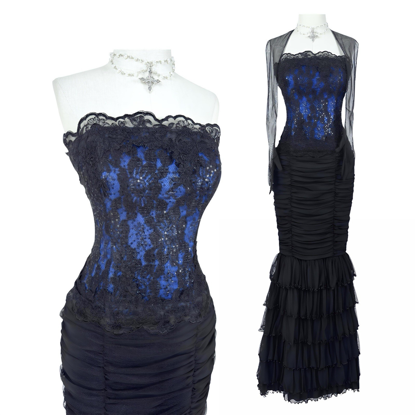 Vintage Gothic Strapless Lace Mermaid Prom Dress Black Blue Sequin Ruched Gown