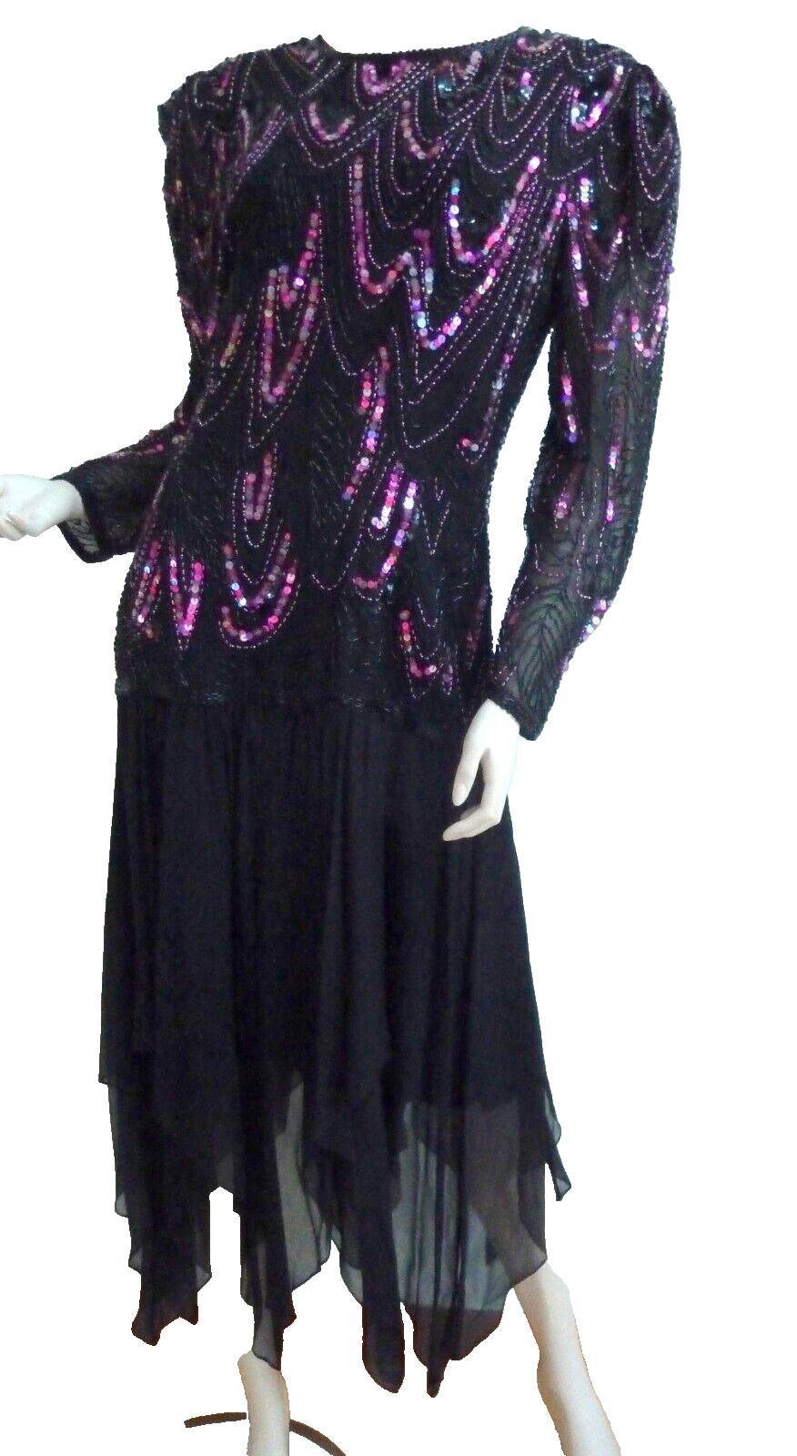 Sho Max Originals Dress Women MEDIUM Sequin Beaded Long Evening Black Silk Goth