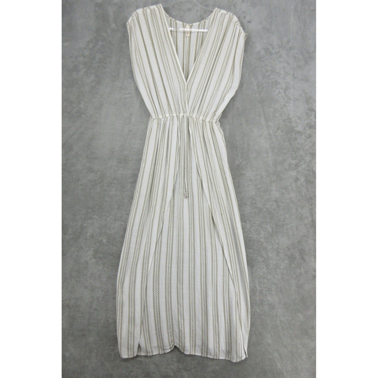 Elan Dress Womens XS Olive Green Striped Maxi Boho Tie Waist Coastal Beach White