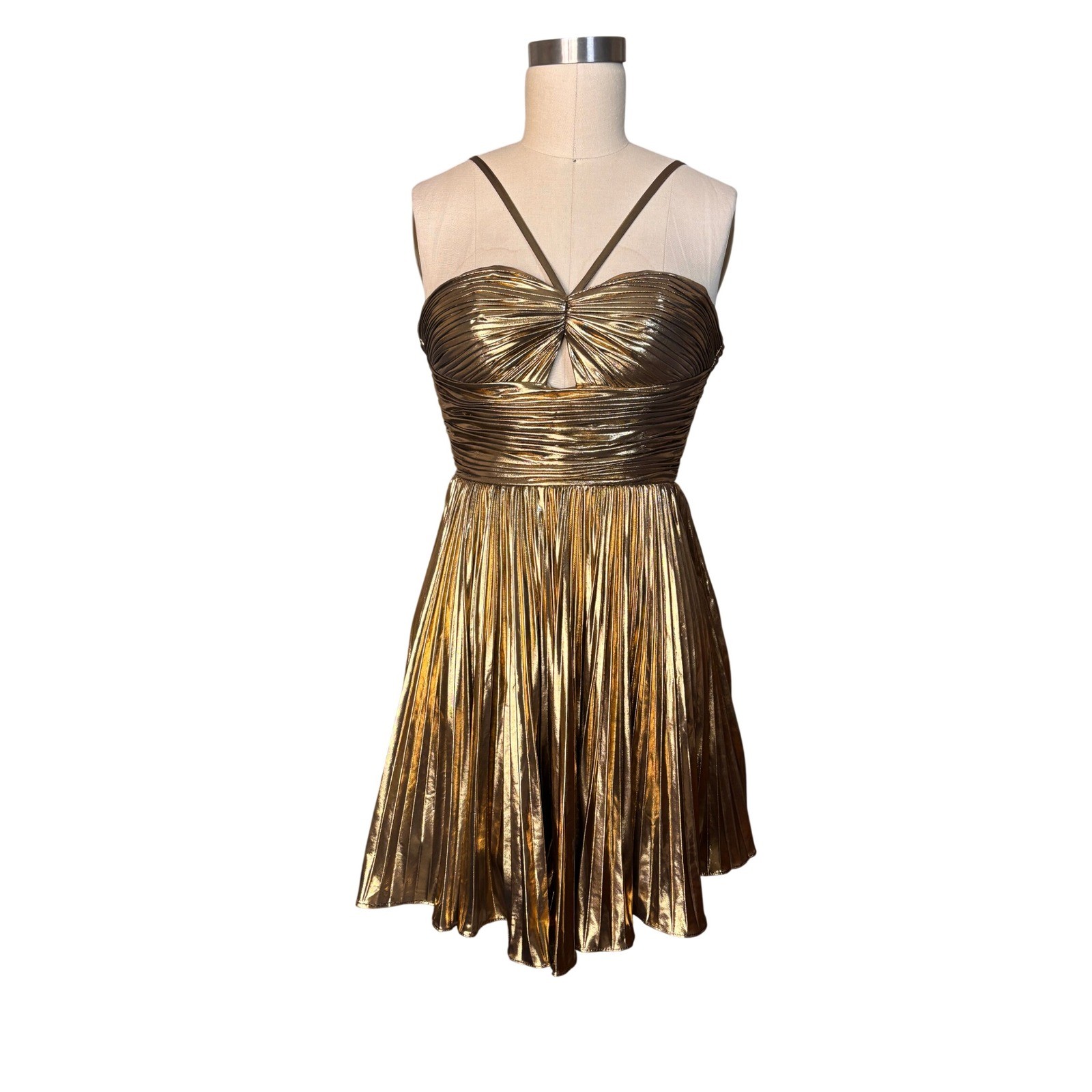 Pleated Metallic Stacees Cocktail Dress US2 Gold