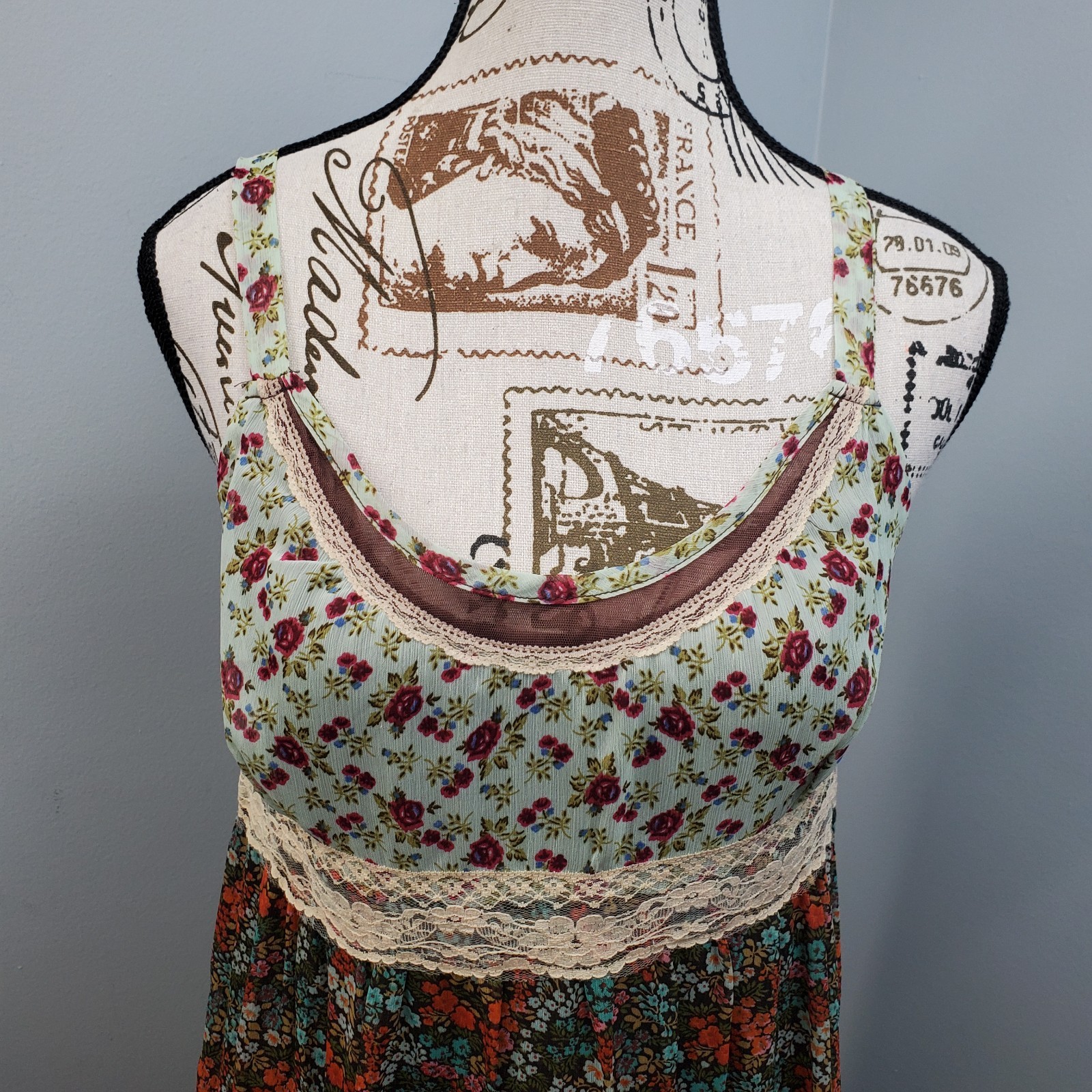 American Rag Cie Midi Dress Womens Small Multi Floral Lace Trim Boho Cottagecore