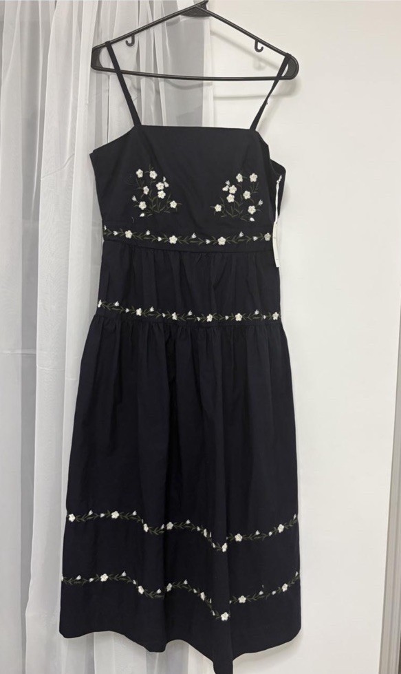 Free Assembly Black Floral Embroidered Smocked Maxi Dress Spaghetti Strap S