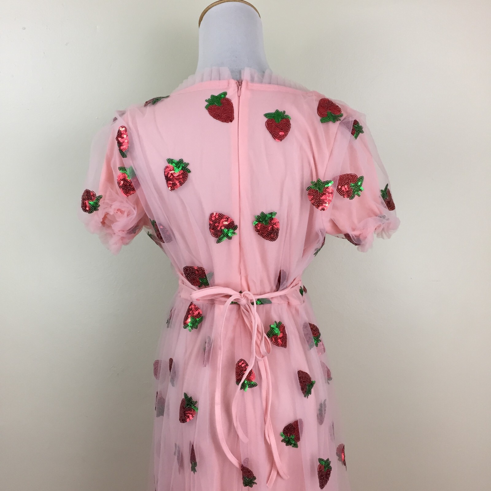 Pink Chiffon Red Green Strawberry Sequin Low V Neck Belted Dress Womens sz Small