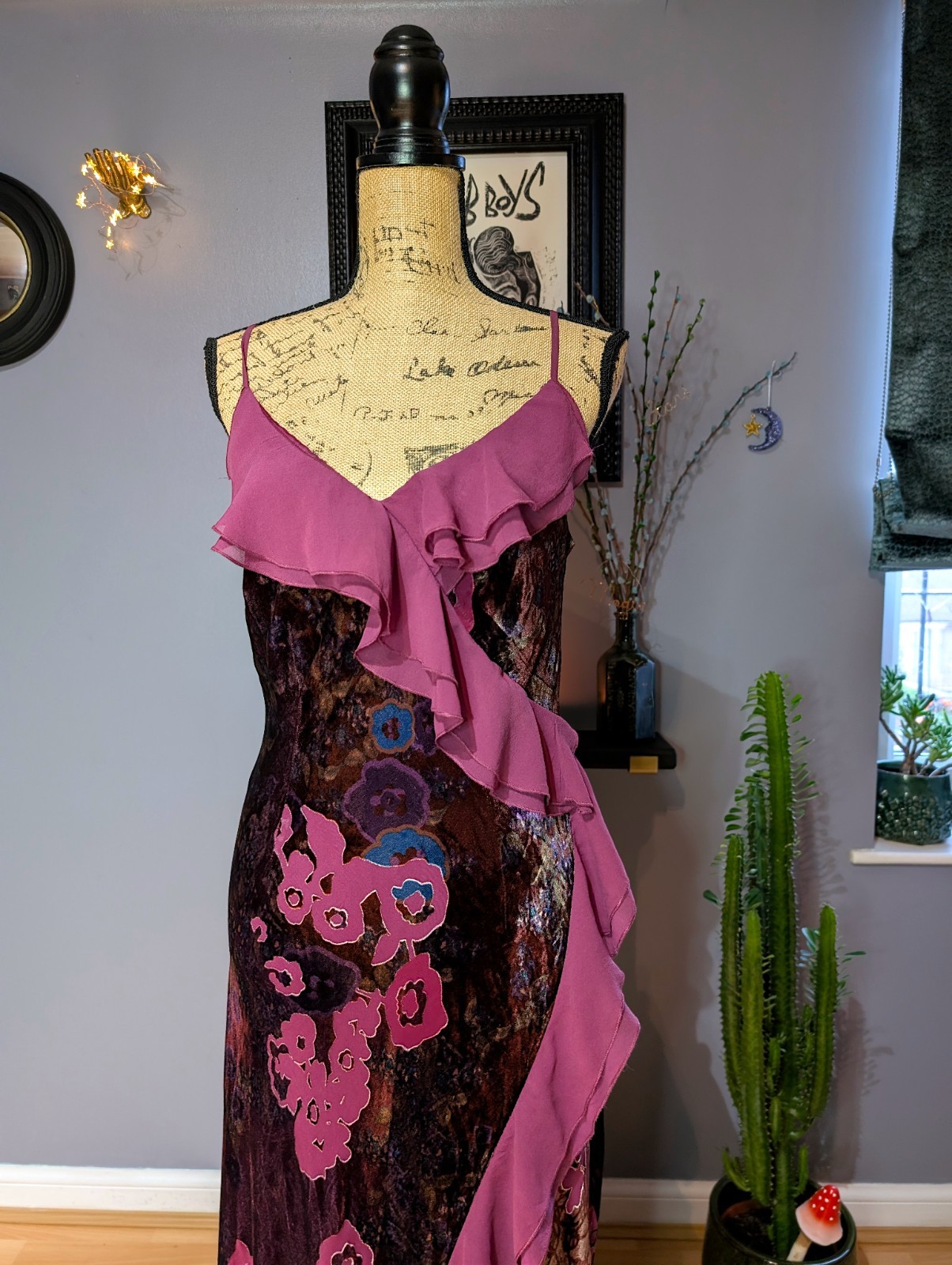 Vintage 90s Monsoon Burgundy & Purple Velvet Devore Midi Dress